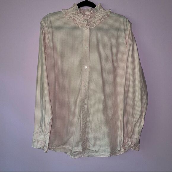 J Crew 18 Classic Button Shirt Pink Gingham Cotton Long Sleeve Ruffles - Picture 1 of 8